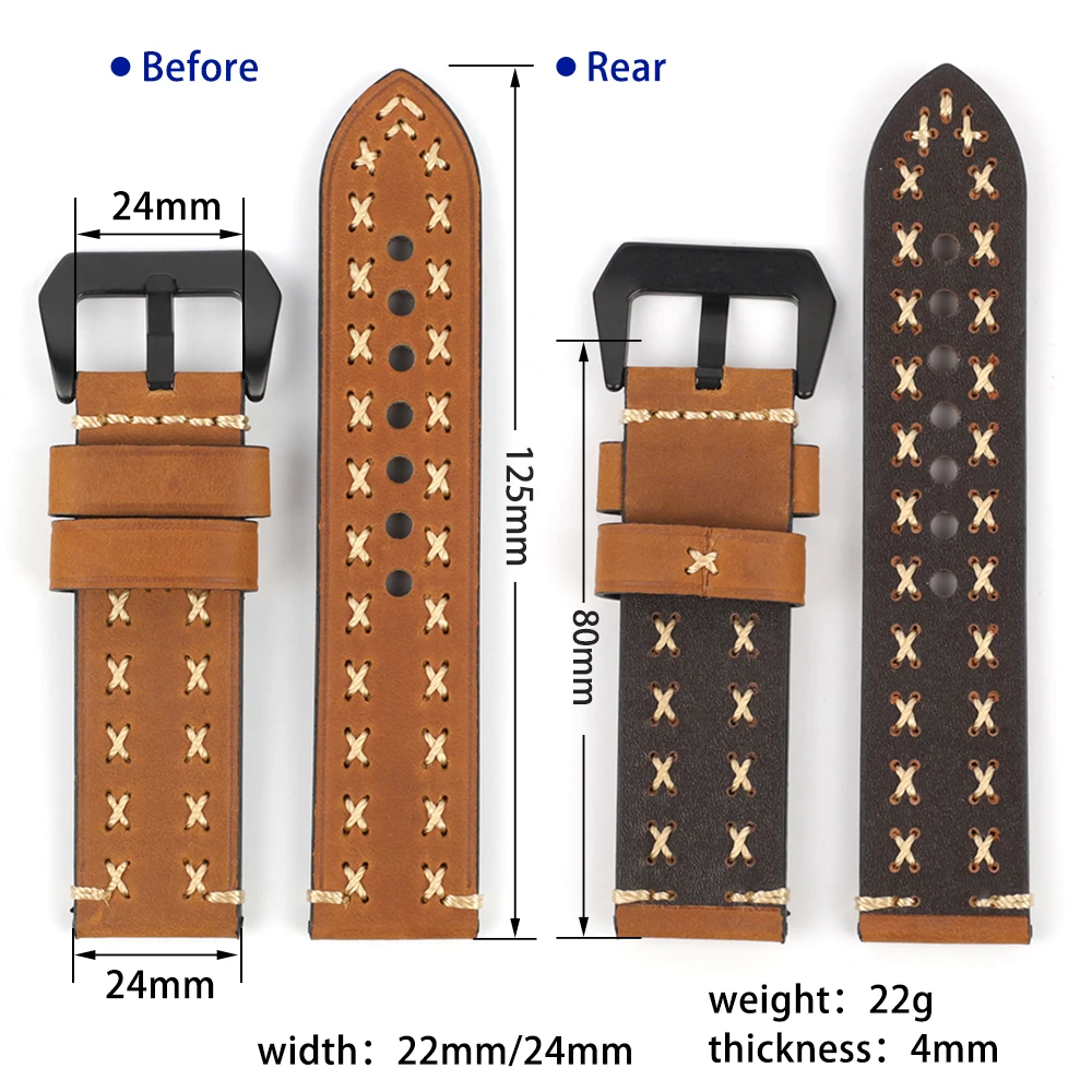Handmade Watchbands 22mm 24mm Genuine Leather Vintage Watch Band Strap Black Buckle Men Women Watch Strap Belt Watch Accessorie