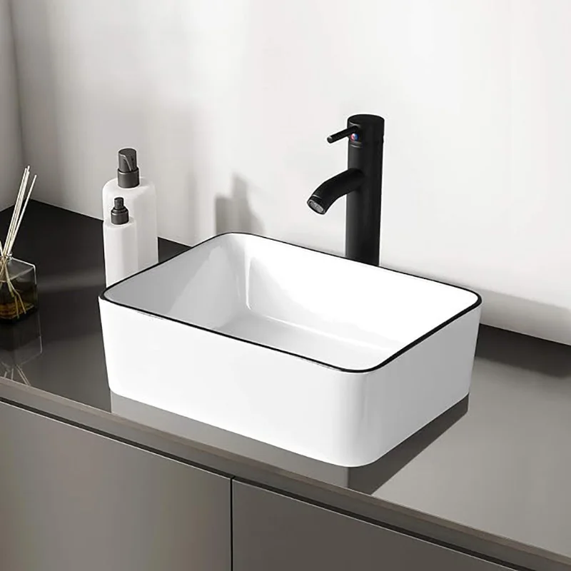 Ceramic Rectangular Bathroom Vessel Sink, 19'' X 15'' Above Counter Porcelain Small Sink, White Body With Black Trim On The Top 3