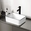 Ceramic Rectangular Bathroom Vessel Sink, 19'' X 15'' Above Counter Porcelain Small Sink, White Body With Black Trim On The Top 3