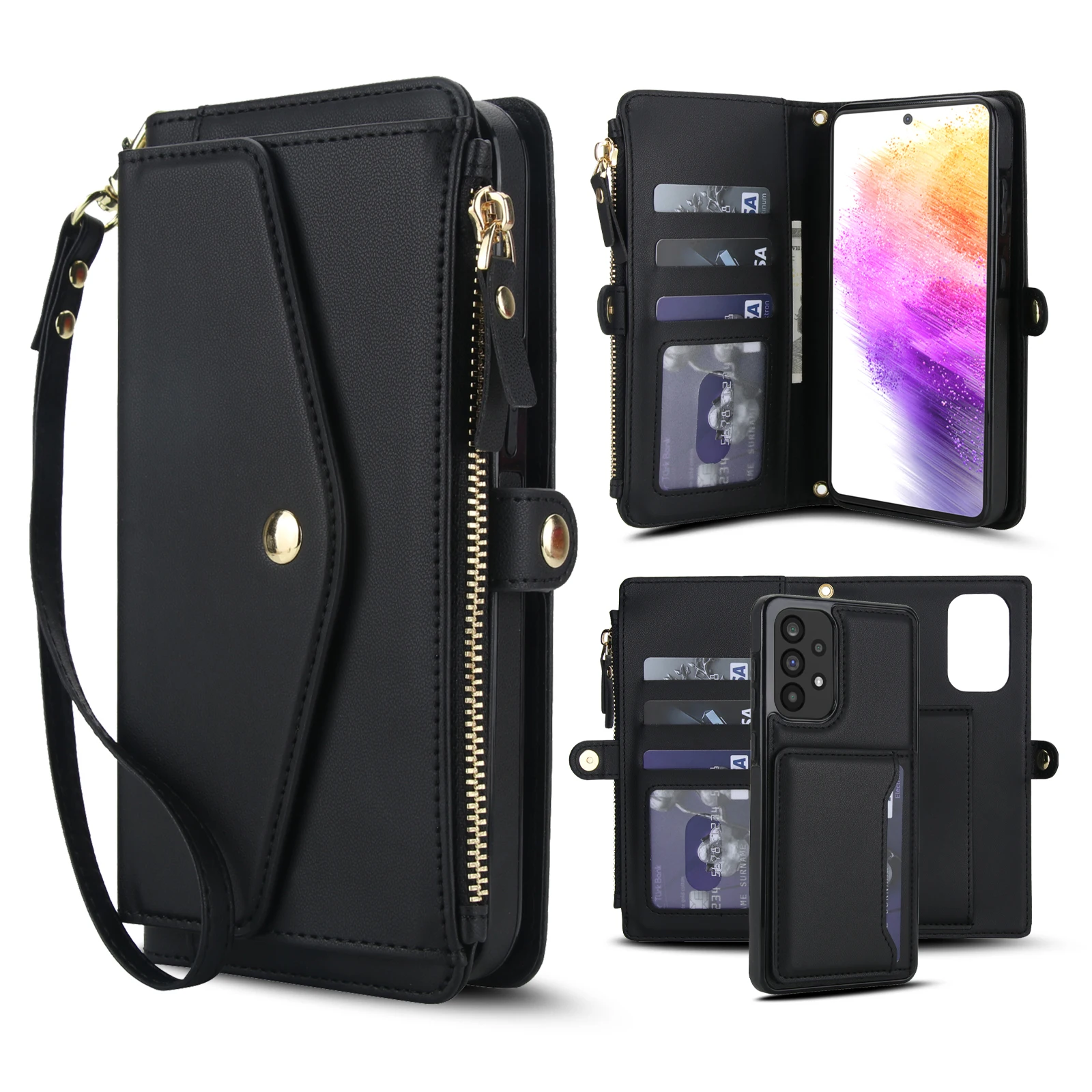 Magnetic Wallet Crossbody Phone Case with Long Lanyard