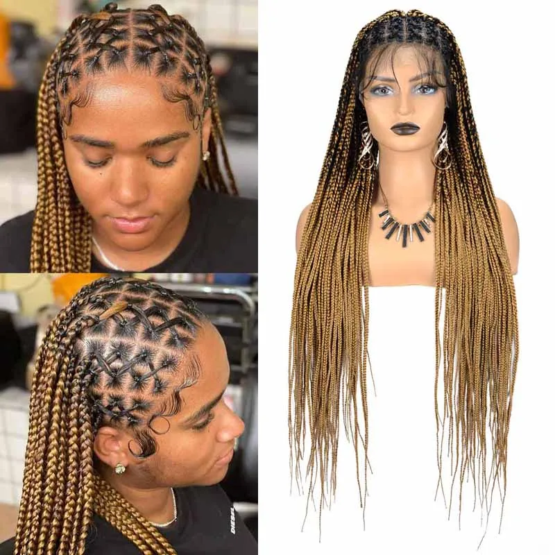 

36" Box Braid Lace Front Wig Super Long Criss Cross Knotless Braids Wig Ombre Synthetic Full Lace Braided Wigs for Black Women