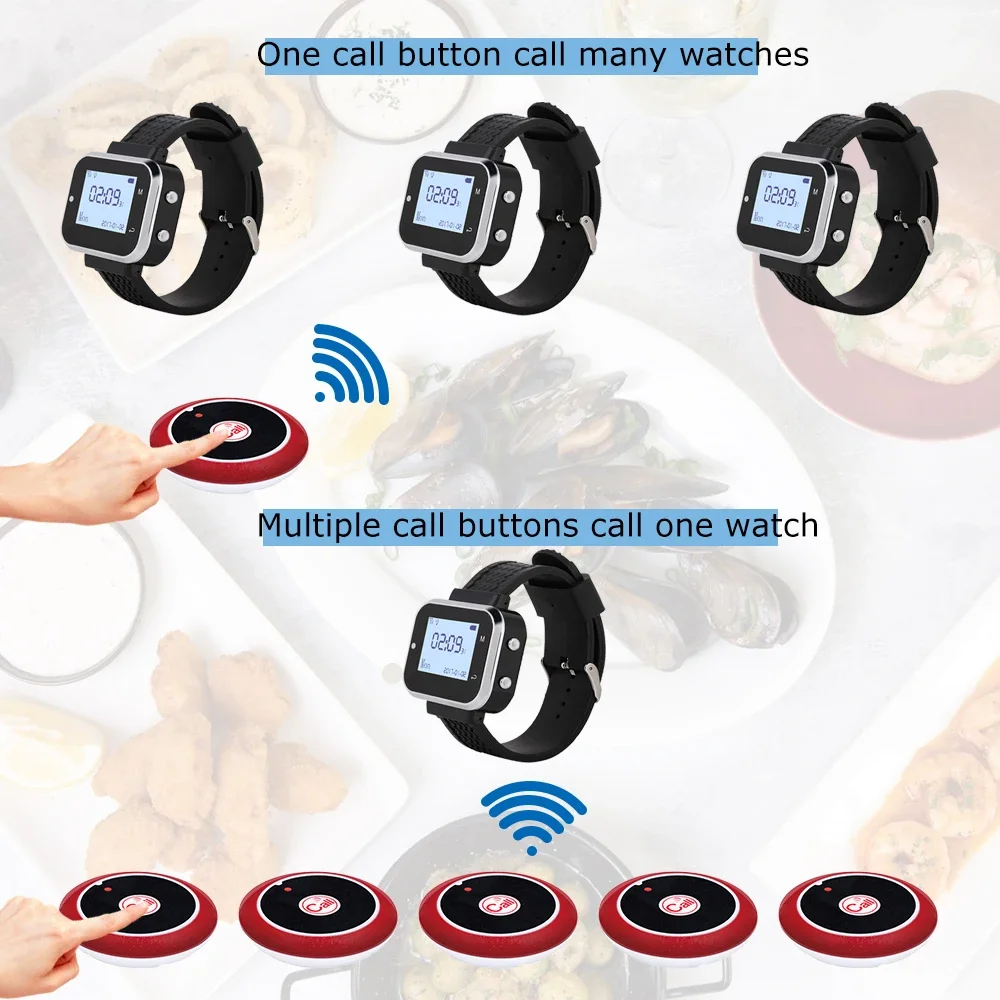 JINGLE BELLS 1pcs Watch Receiver 2 Pcs Table Button Restaurant Pager Waiter Wireless Calling System For Plant Hospital Bar Cafe