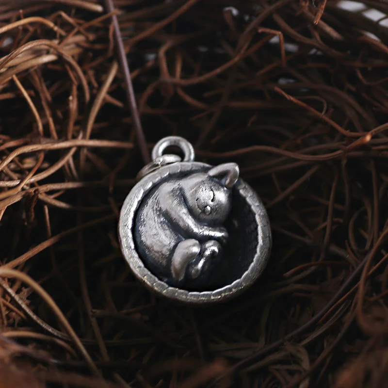 

S925 Sterling Silver Sleeping Cat Retro Necklace Cute Animal Series Pendant Original