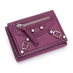 Elegant Genuine Leather Women's Motorcycle - Style Wallet with Fashionable Cactus Design and Magnetic Closure (Purple)