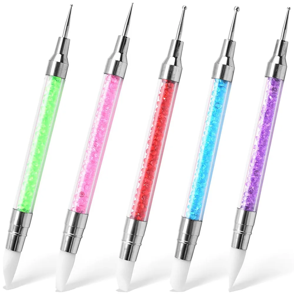 5PCS Set Doppelseitige Nail art Stifte Multi Blume Machen Silikon Pinsel Acryl Strass Griffe Skulptur Punktierung Malerei – Detail 1