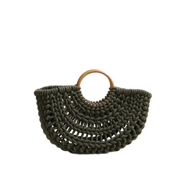 Cotton thread rope wood Bag Women Hand-Woven Handbag Moon Shape Rattan Bag Drawstring Casual Beach Shoulder Crossbody Bag