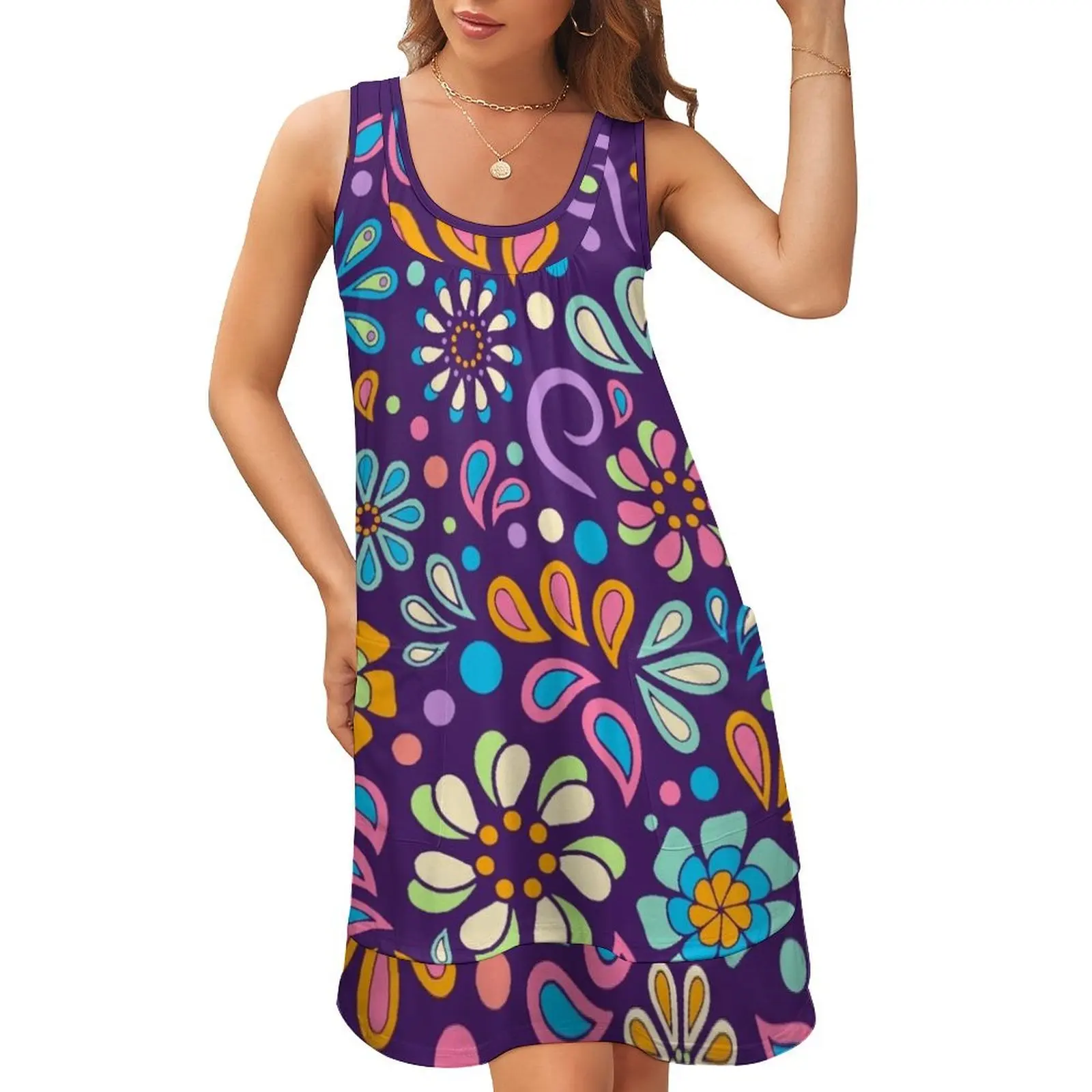 

Retro Paisley Flower Power Bohemian Hand Drawn Art Sleeveless U-Neck Fake Two Piece Dress womens clothing party dresses woman