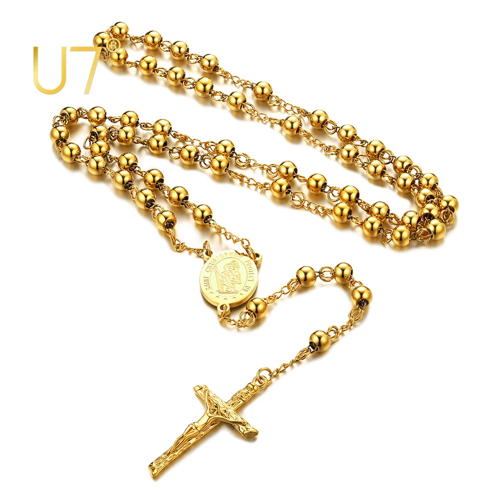 

U7 Beaded Rosary Necklace Saint Christopher Pendant Religious Catholic Cross Crucifix Unisex Daily Jewelry