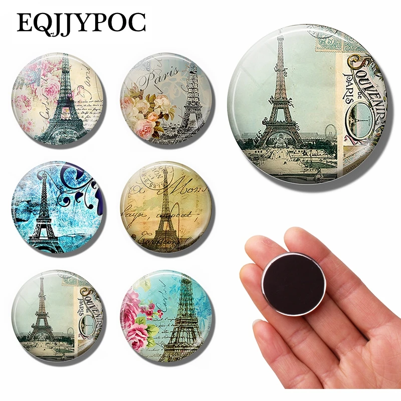 Souvenir De Paris 30MM Fridge Stickers Magnet Paris Eiffel Tower Glass Cabochon Magnets Refrigerator Sticker Note Holder Decor