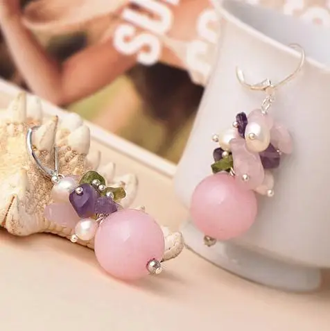 Multicolor Gemstone Dangle Earrings Rose Quartz Olivine Pearl Amethyst With Levelback Hook Handmade Fashion Jewelry Lady Gift