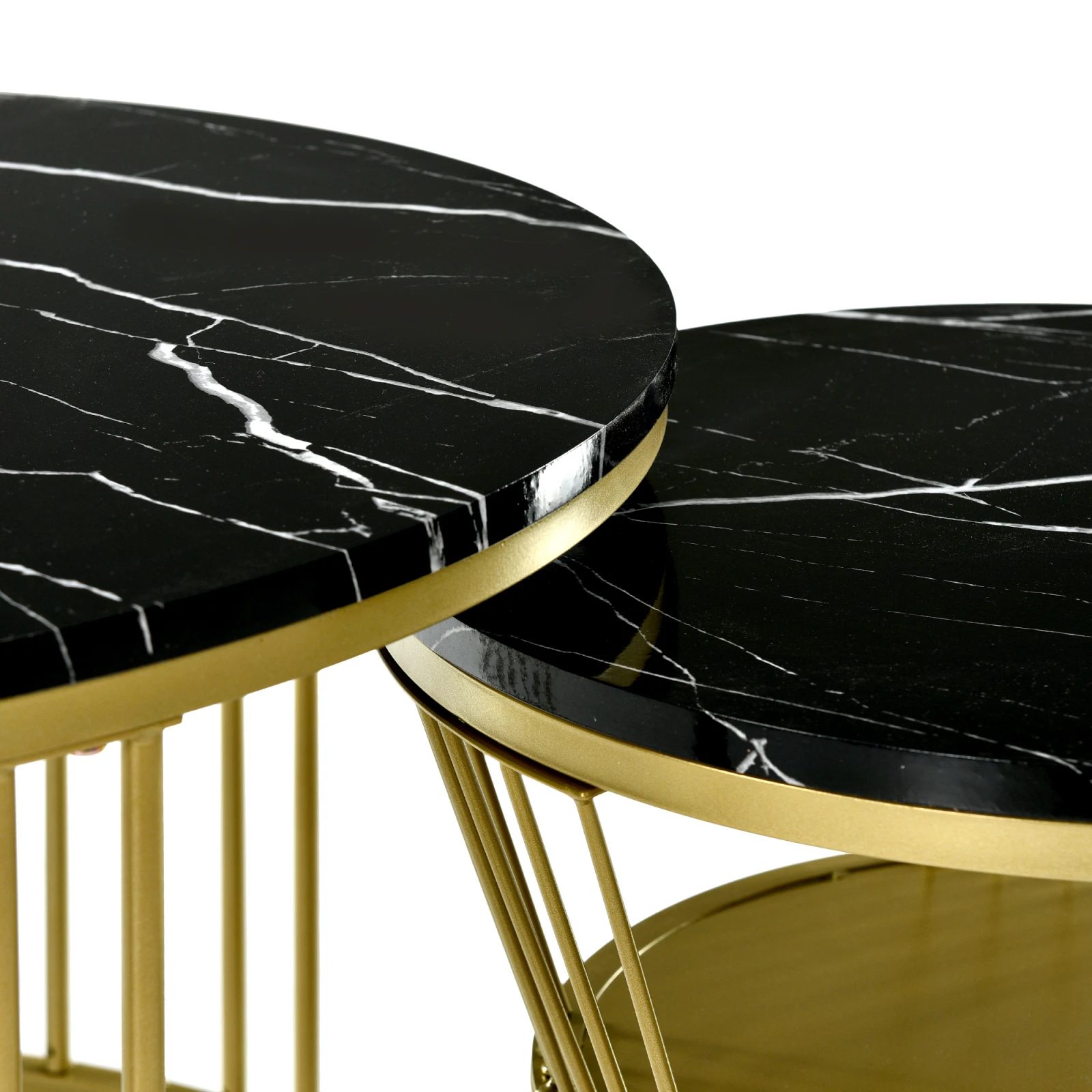Superaly Runder Couchtisch, 2er-Set, Sofatisch, Metallgestell, Marmorfurnier, Satztisch mit offenem Regal, Schwarz – Detail 13