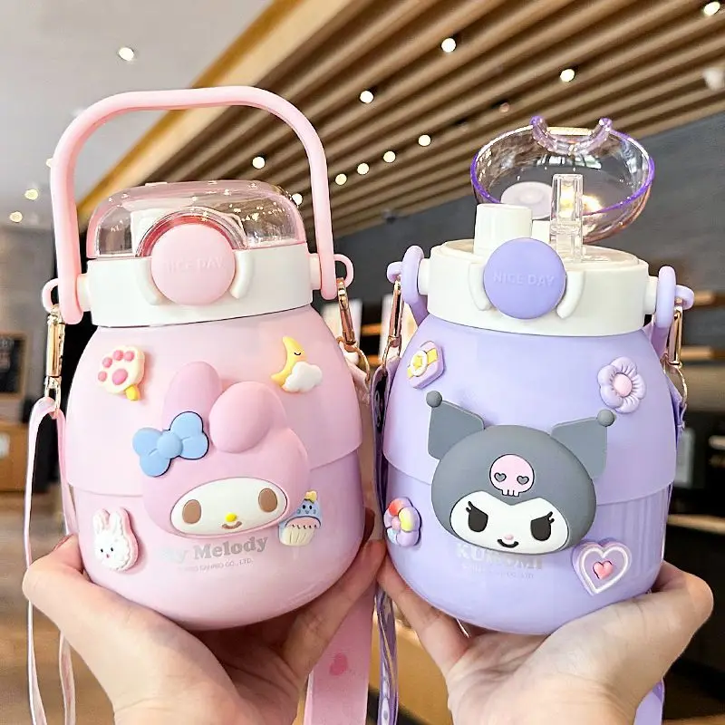 

Sanrio Kurome термос из нержавеющей стали 316 пищевой класс большая емкость милая девушка студент чашка воды с соломинкой чайник аниме