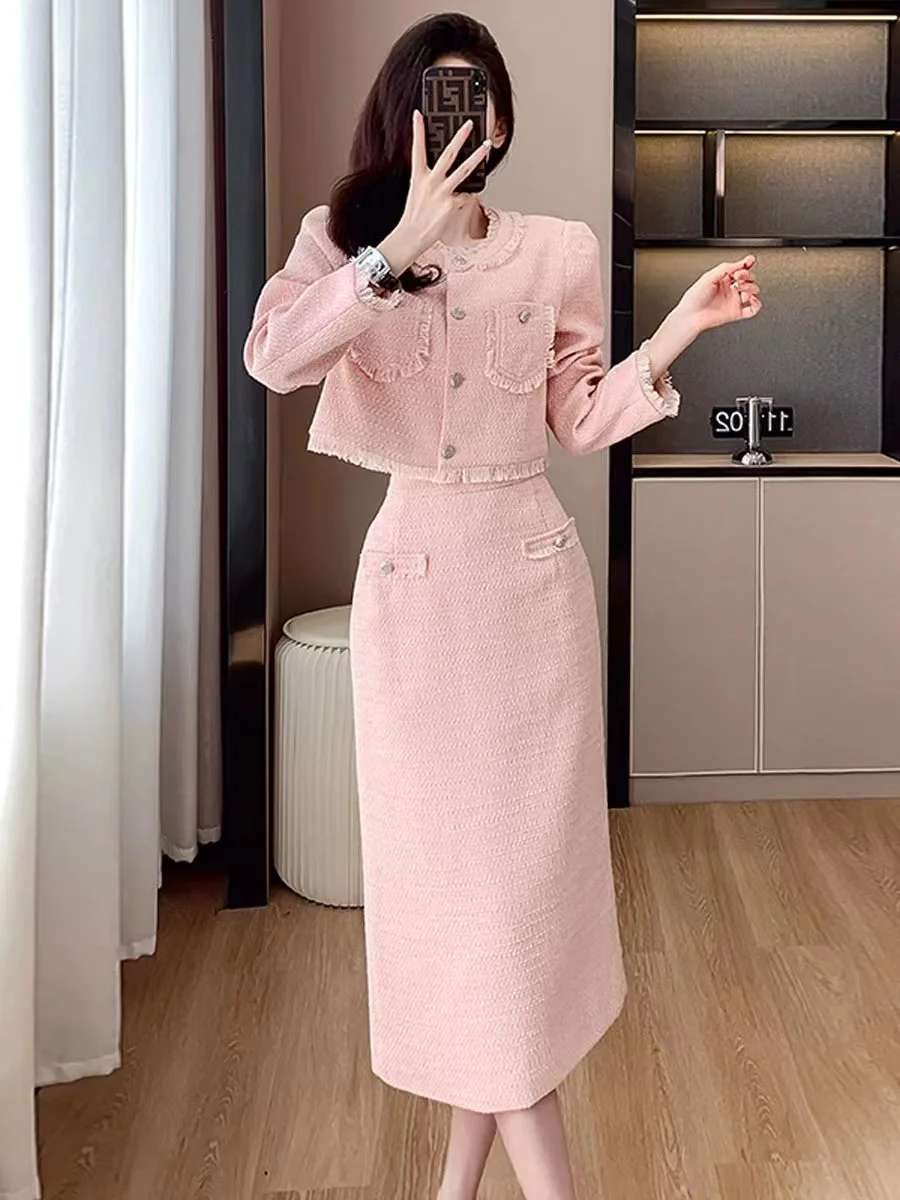 

Autumn Winter Luxury Tweed Chic Elegant Pink Dress Set Women Short jacket Coat Plus High Waist Long Skirt Two Piece Fashion Set
