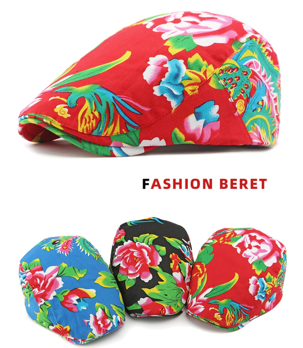 Ht4390 Baskenmütze für Männer Frauen chinesische Blumen bedruckte Baskenmütze Kappe männlich weiblich Vintage Künstler Maler Baskenmütze Hut verstellbare flache Kappe Männer – Detail 2