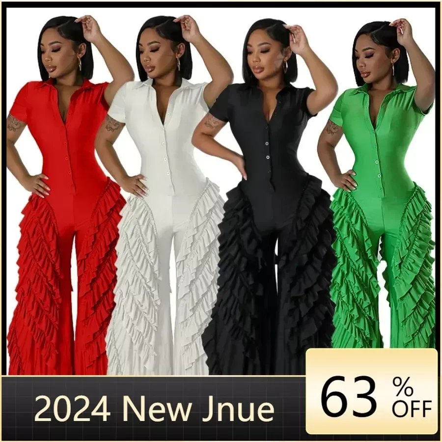 

Модный женский комбинезон с оборками, рубашка с коротким рукавом и молнией, комбинезон с широкими штанинами, уличная одежда 2024, комбинезон, цельный комплект, комбинезон