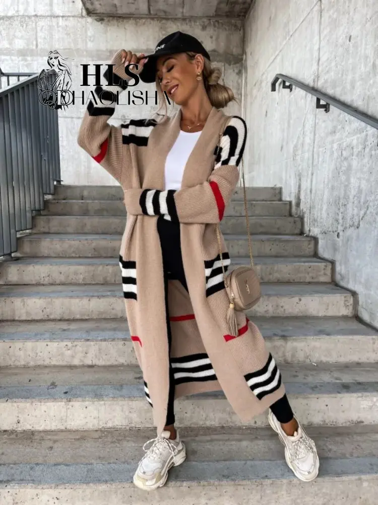 

Women Long Cardigan Striped Autumn New 2023 England Style Fashion Elegant Loose Women's Clothing Knitted Cardigan Sweaters