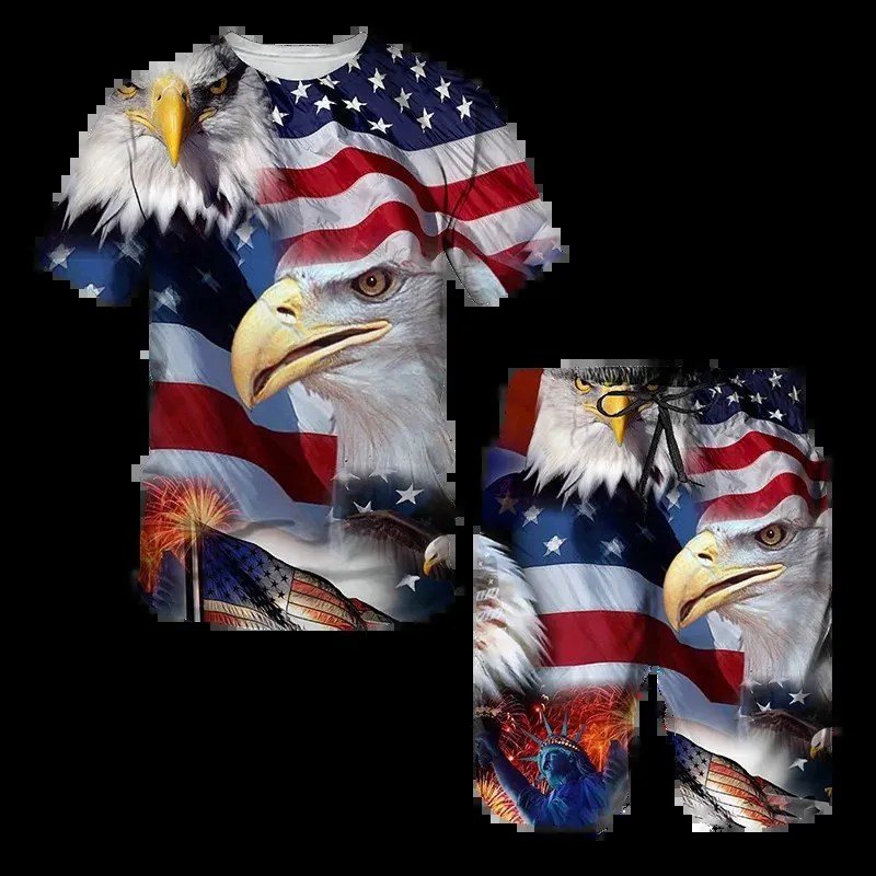 Men Two Piece Set Summer New Men's T-shirt shorts Eagle USA Flag set 3D Print Two-piece set Leisure Fashion Short Sleeve Full Set of Clothing