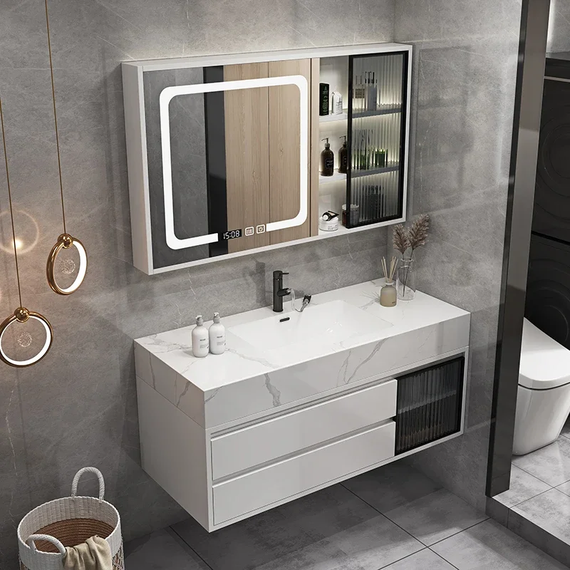 

2023Seamless Ceramic Basin with Slate Panel Bathroom Cabinet Set Modern Minimalist Intelligent Mirror Cabinet Wash Vanity Combo