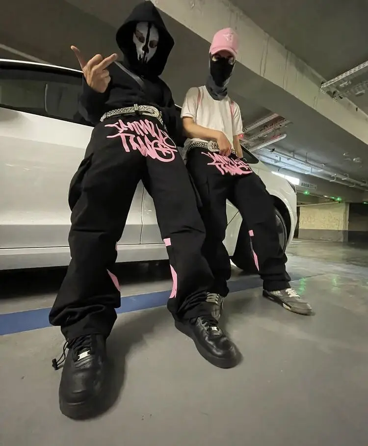 

Y2K Retro Street Trend Cargo Pant 2023 New Fashion Minus Two Black Pants Harajuku Hip Hop Print Loose Overalls Joggers Men