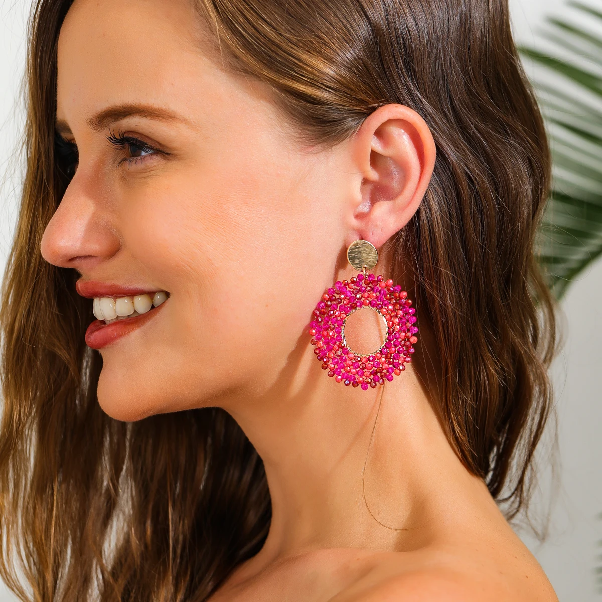 Boho Fashion Round Crystal Beaded Drop Earrings for Women Colorful Elegant Metal Dangle Earrings Handmade Summer Beach Jewelry