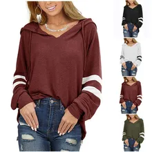 

Women Hooded Long Sleeve Sweatshirt Drawstring Panel Parallel Bar Casual Hoodie Pullover Top Streetwear