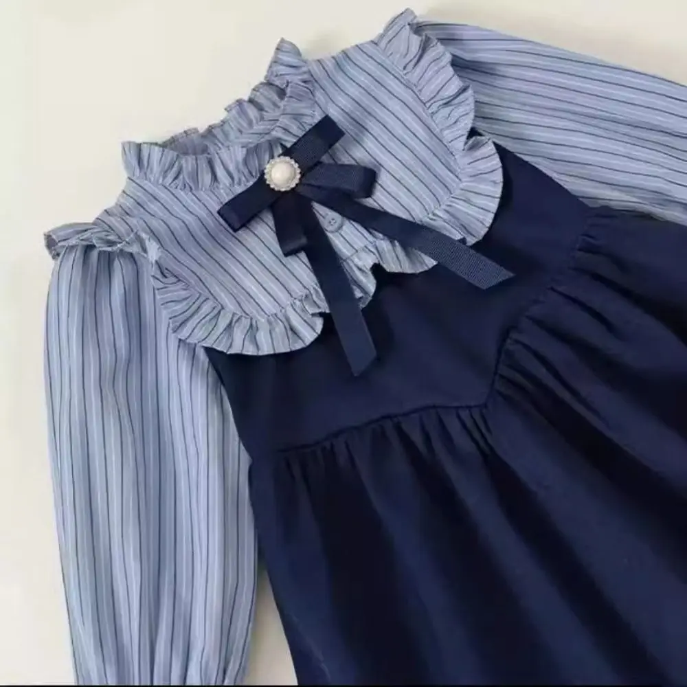 Sweet Bowknot Girls' College Style Dress Pleated Loose Girls Long Dress Peter Pan Collar Sweet Stripe Princes Dress Spring/Fall