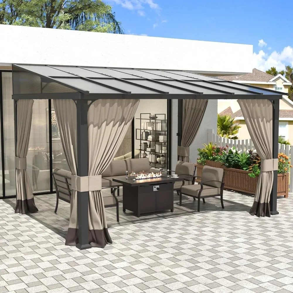 

10x12FT Outdoor Gazebo, Patio Hardtop Wall Mounted Gazebos with Sloping Sun Panel Roof, Double Curtains for Outdoor Gazebo