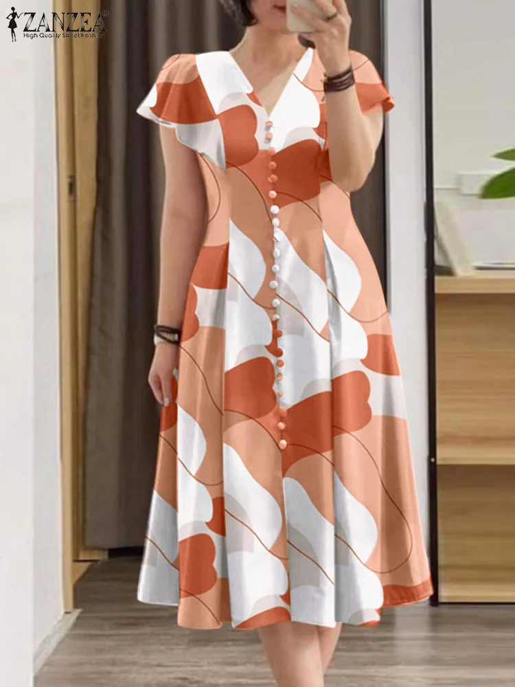 

2024 ZANZEA Summer Bohemain Sundress V Neck Buttons Down Midi Dresses Women Robe Femme Short Sleeve Floral Printed Dress Vestido