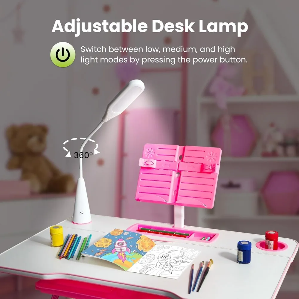 Kids Desk and Chair Set for Ages 4-12, Children's Study Table, Student School Desks with Lamp, Pencil Case, and Bookstand