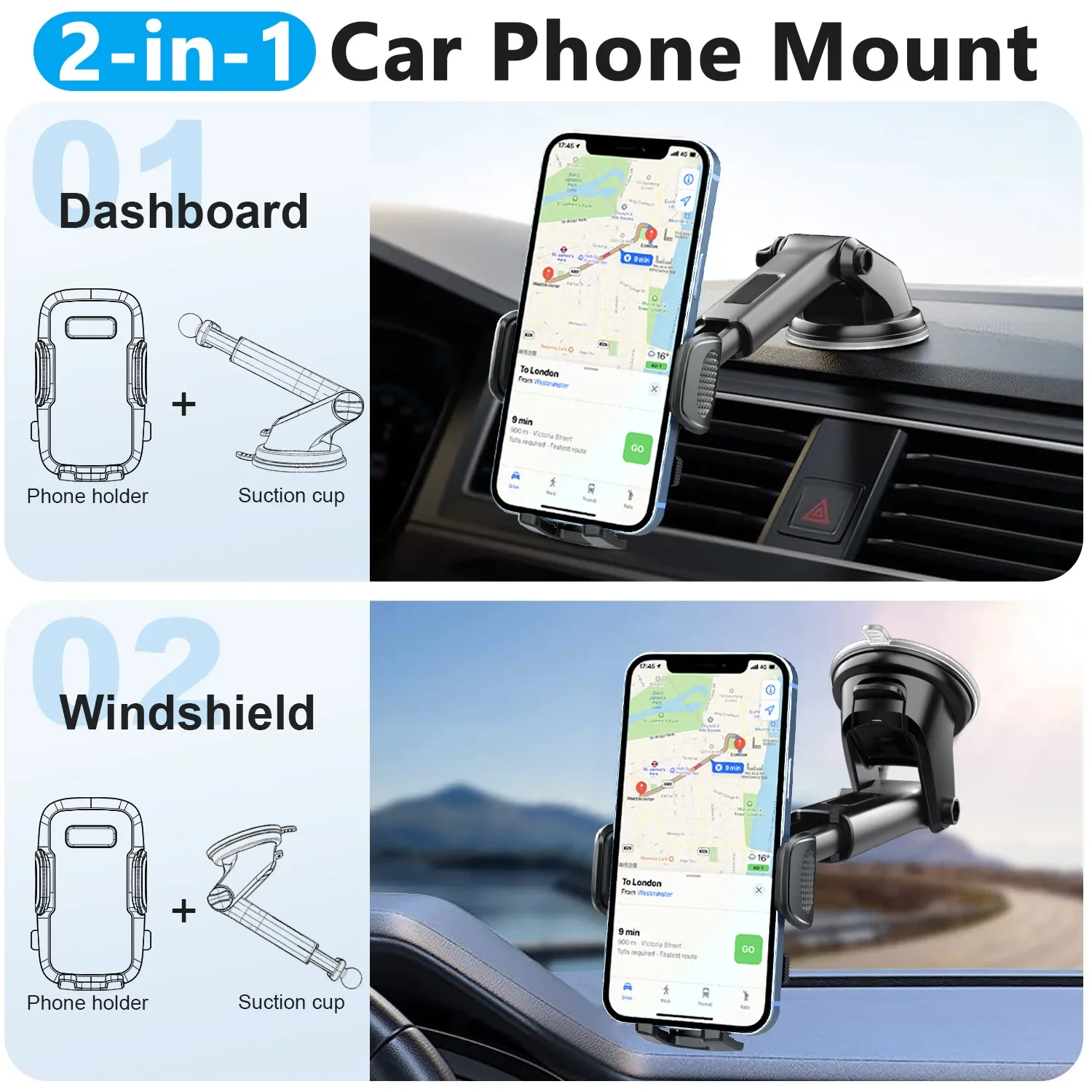Universal Car Phone Holder – Dashboard & Windshield Mount with Adjustable Clip