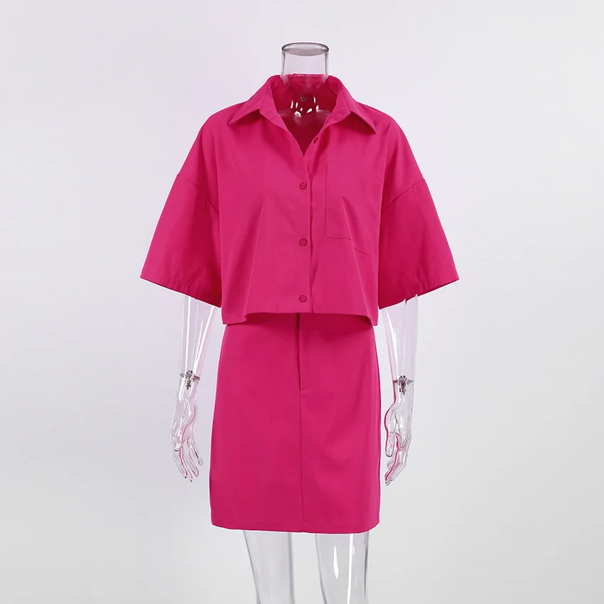 Summer Dress Sets Women Outfits Solid Office Lady Mini Skirt Set Crop Tops Shirts 2 Two Piece Sets Female Clothes for Women 2023