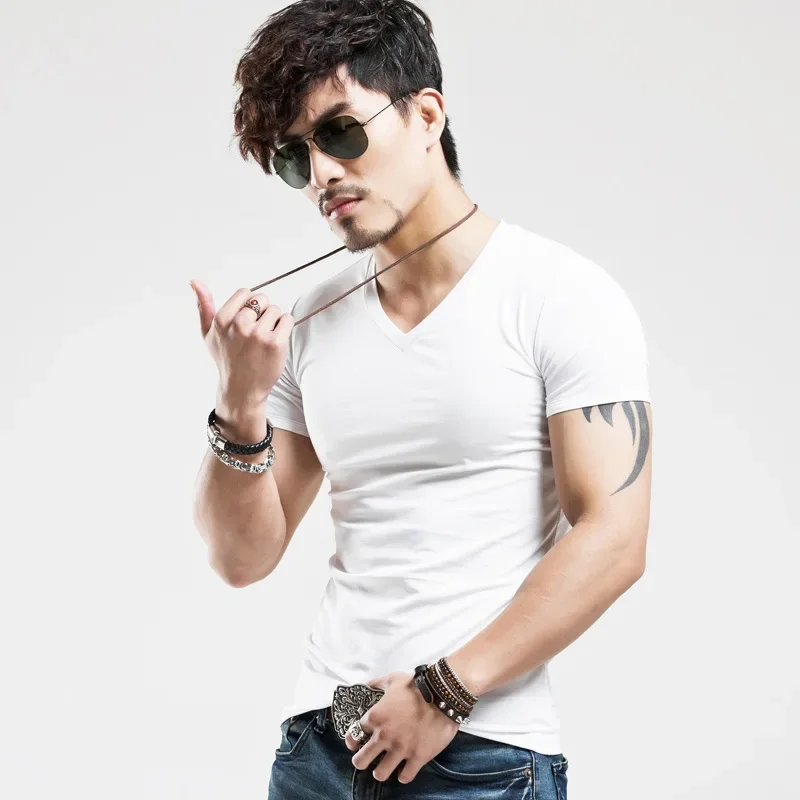 V Neck T Shirt Men 2025 Short Sleeve Tees Fashion Fitness Size 5XL