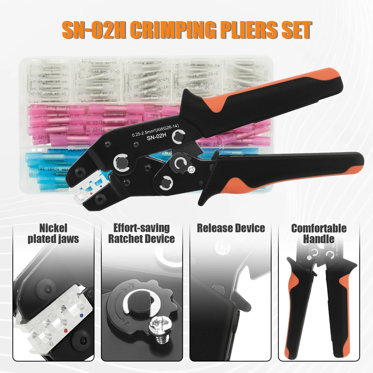 Crimping Tool Kit SN-02H For Heat Shrink Connectors 130PCS BHT Heat Shrink Butt Termianls Electrical AWG26-14