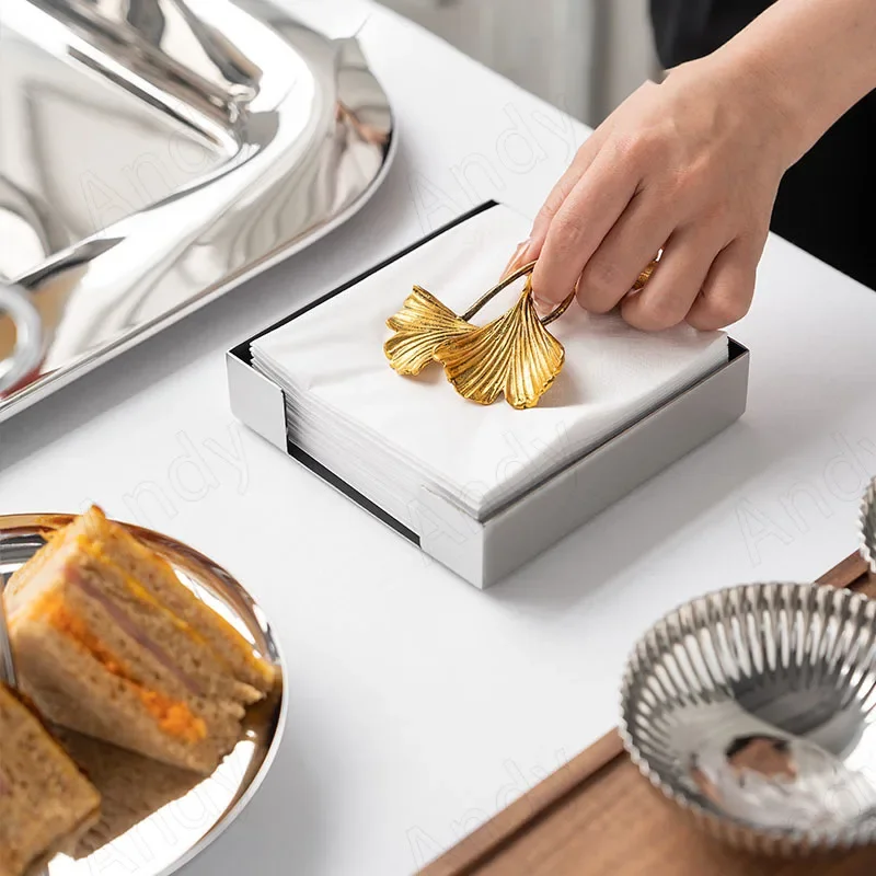 European Stainless Steel Tissue Box Brass Ginkgo Leaf Decor Hotel Table Napkin Holder Afternoon Tea Desktop Tissue Organizer 2
