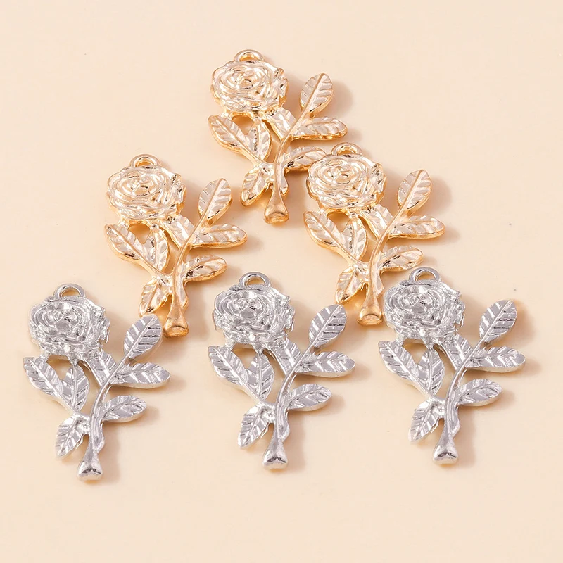 Leslie 10 Stück/Set Trendige Legierung Gold Silber Farbe Rosen-Blumen-Anhänger für Armbänder Halsketten DIY Handgemachtes Schmuckzubehör