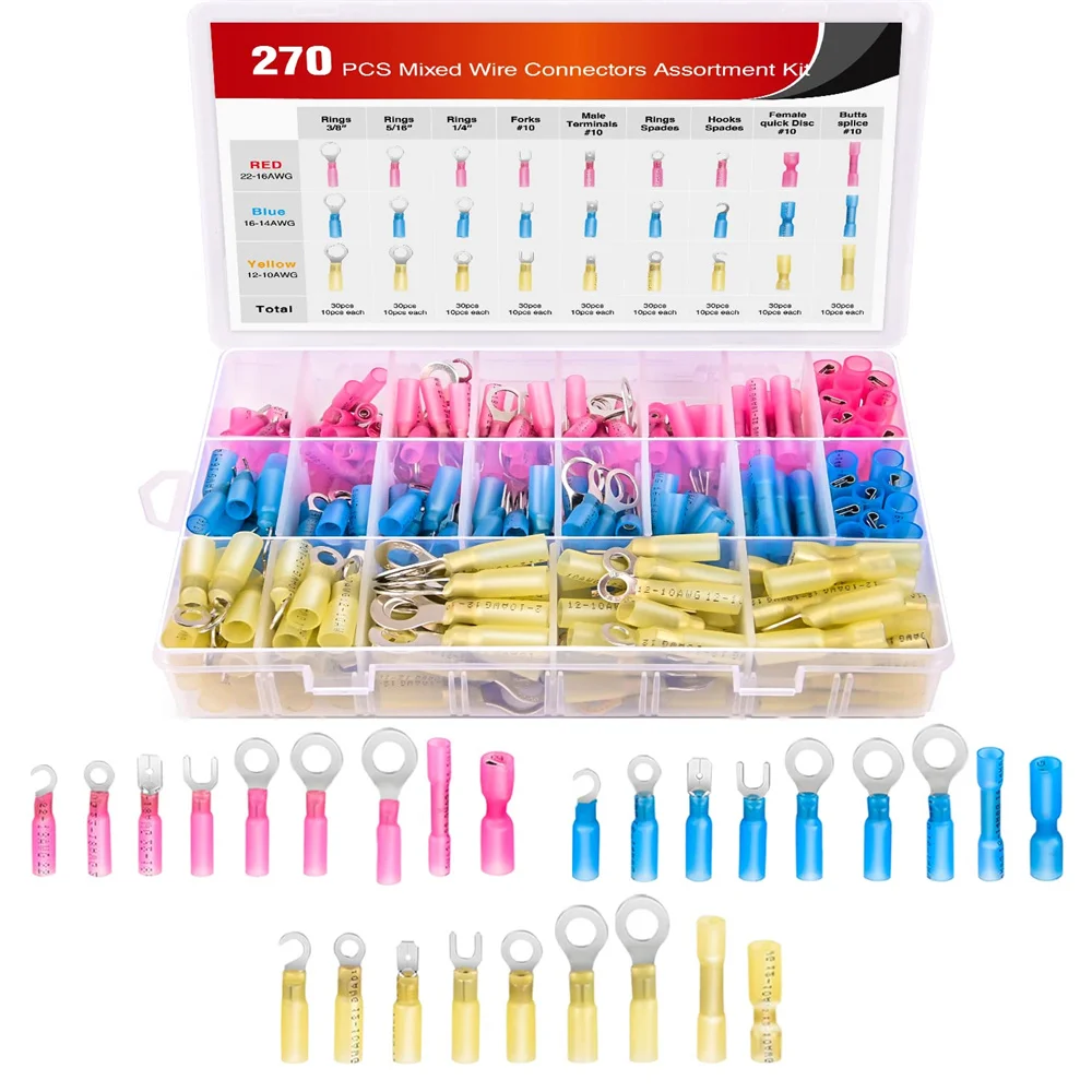 270PCS Schrumpf Draht Stecker Terminal Wasserdicht Marine Automotive Stecker Sortiment Ringe Gabel Haken Spaten Butt Spleiße – Detail 1