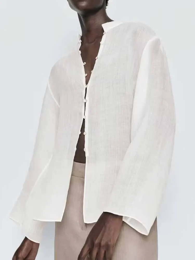 

Women 2023 summer New Chic Fashion Linen loose Asymmetric Blouses Vintage Long Sleeve Button-up Female Shirts Chic Tops