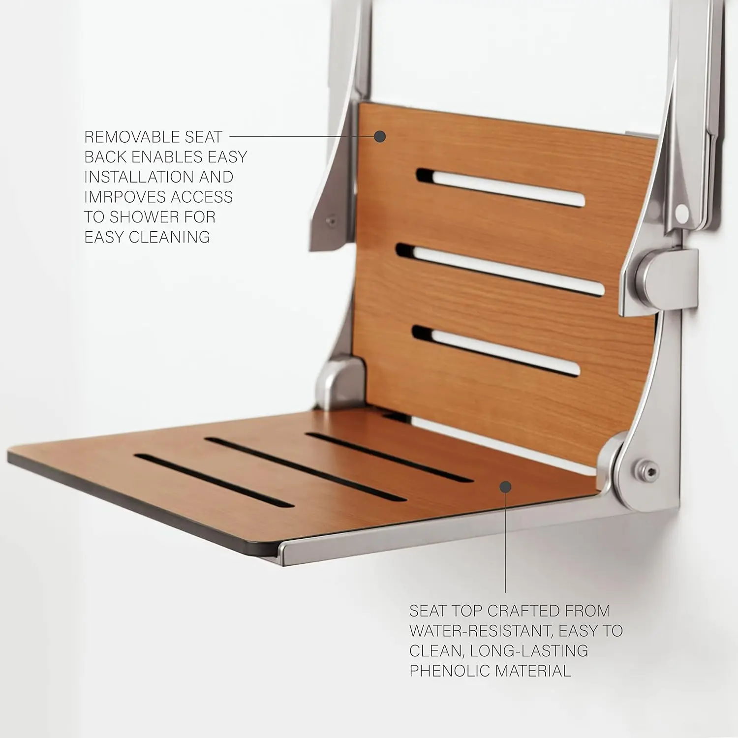 Comfort Folding Wall Mount Shower Bench Seat with Arms Teak Seat with Silver Frame 20.94” L x 16” W x 12.75”H 5