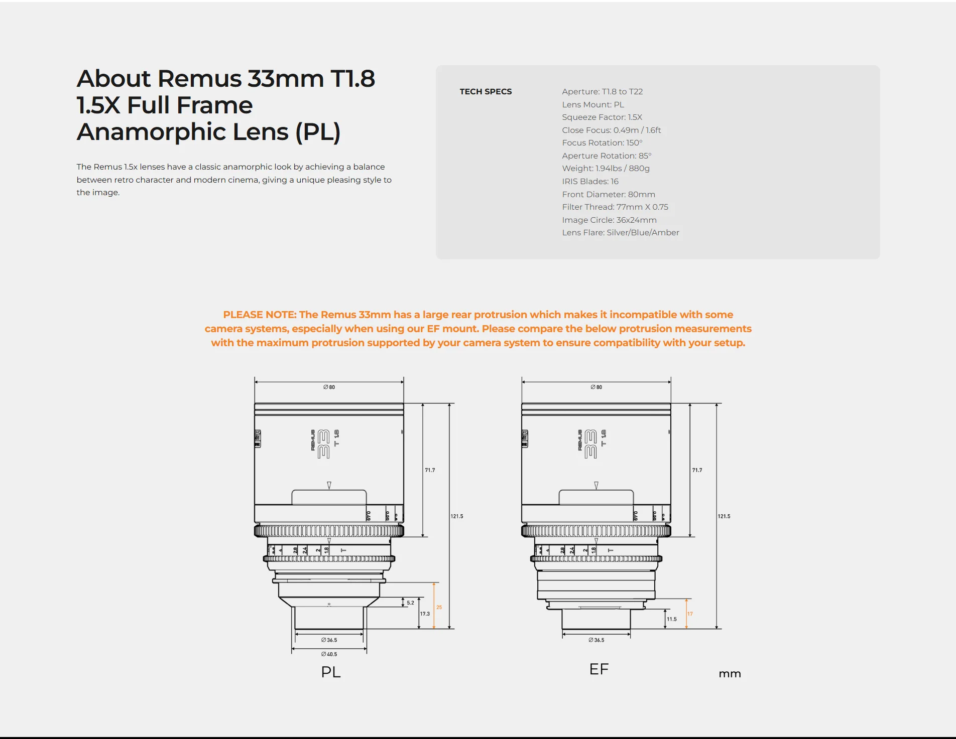 LENS Remus-M 33/50/85/100mm T1.8 1.5X Full-Frame Anamorphic Lens, Retro Look, Fu