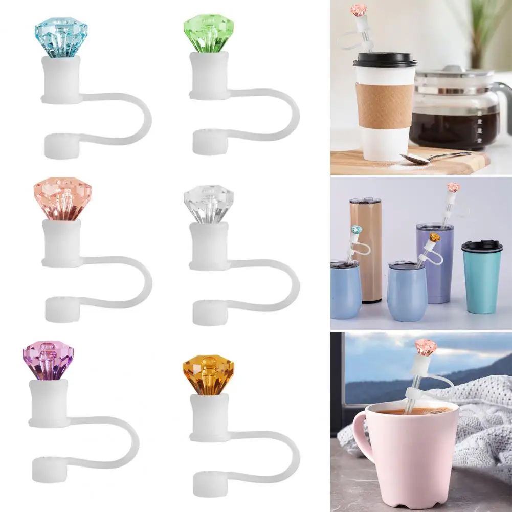 

6Pcs Straw Cover Portable Reusable Rhinestone-shaped Straw Lid Dust-Proof Silicone Straw Protectors for Home Party Bar