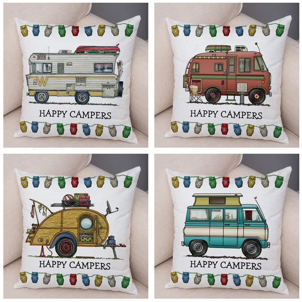Description Picture 6 of itemBoth Sides Cartoon House Travel Car Cushion Cover Pillow Case Decor Happy Camper Van Life Soft Plush Pillowcase for Sofa Home