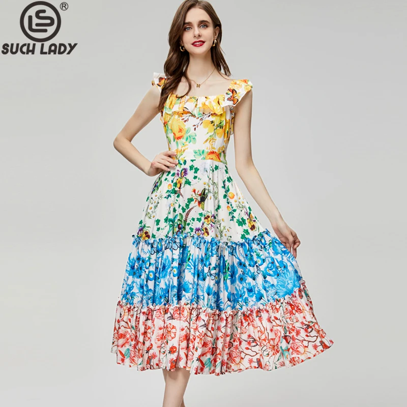 

Women's Runway Dresses Scoop Neckline Floral Printed Tiered Floral High Street Fashion Designer Vestidos