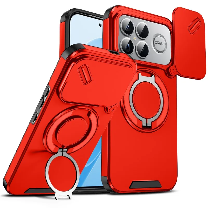 Enhanced Shockproof Hybrid Magnetic Ring Stand Phone Case with Slide Lens Armor Hard Cover