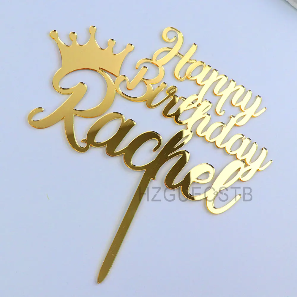 Cake Topper Personalized Happy Birthday Crown Cake Topper For Girls Boys Acrylic Gold Mirror Birthday Party Decor