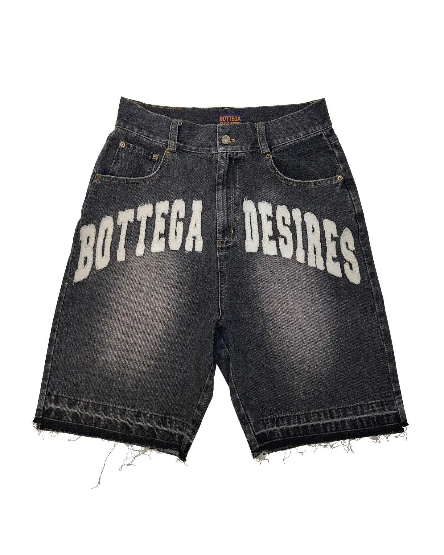 Men Black Blue Washed Denim Shorts Y2k Retro Letter Patchwork Summer Fashion Sand Shorts Casual Spliced Jorts Gym Sweatpants