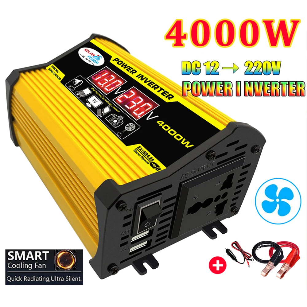 Car Power Inverter 4000W Cigarette Lighter Power Supply Inverter Adapter with 2 USB Charger 12V