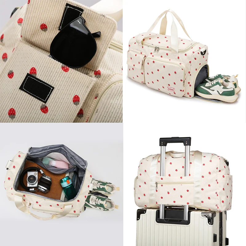Kawaii Strawberry Travel Bag Large capacity fitness Bag Women Shoulder for Short Trip Luggage Clothes Storage Gym