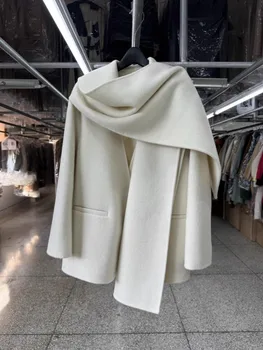 Sciarpa colletto 100% lana cappotto donna, capispalla elegante moda coreana, giacca autunno inverno allentata 1