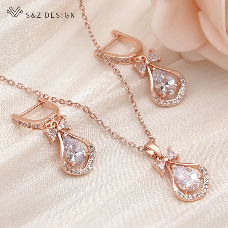 S&Z DESIGN New Fashion Water Drop Cubic Zirconia Bowknot Dangle Earrings For Women Wedding 585 Rose Gold Color Jewelry Gift
