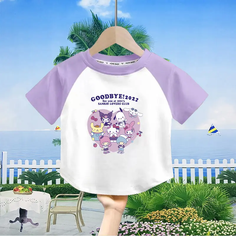

Sanrio New Girls' T-Shirt Short-Sleeved Trendy Pure Cotton Round Neck Casual Half-Sleeved Thin Hello Kitty Children Clothing
